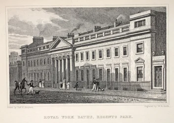Royal York Baths, Regent&39;s Park, do pub "Londres e seus arredores no século XIX". Jones und Co., 1827-1829