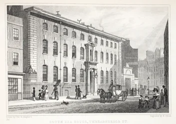 South Sea House, Threadneedle Street, do pub "London and its Environs in the 19th Century". Jones und Co., 1827-1829