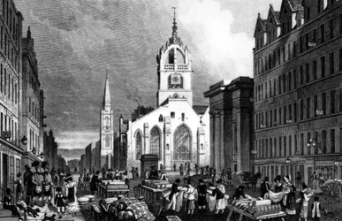 Igreja de St. Gile, County Hall e o mercado de gramado, Edimburgo, gravado por William Tombleson, c.1830 (gravura)