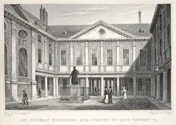 O hospital de St Thomas e a estátua do rei Edward VI, do pub "Londres e seus arredores no século XIX". Jones und Co., 1827-1829