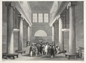 Bolsa de Valores, do pub "London Interiors with their Costumes and Ceremonies". Joseph Mead, Londres, c.1843 (gravura em aço)