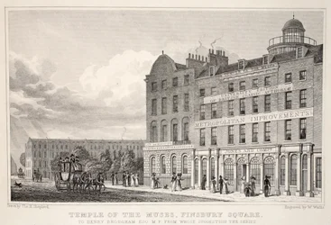 Templo das Musas, Finsbury Square, do pub "London and its Environs in the 19th Century". Jones und Co., 1827-1829