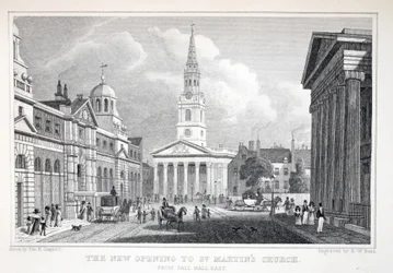 A Nova Abertura da Igreja de St Martin, de Pall Mall East, do pub "London and its Environs in the 19th Century". Jones und Co., 1827-1829