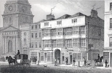 A Old White Hart Tavern, na Bishopsgate Street, do pub "Londres e seus arredores no século XIX". Jones und Co., 1827-1829