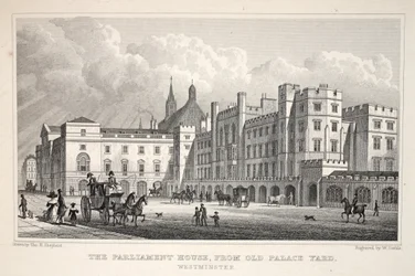 A casa do parlamento da jarda velha do palácio, Westminster, do pub de "Londres e é Environs no décimo nono século". Jones und Co., 1827-1829