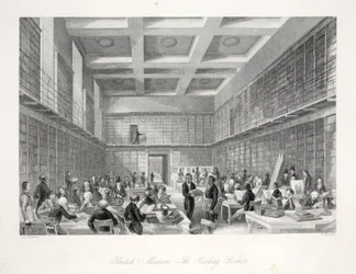 A Sala de Leitura e a Biblioteca do British Museum, do pub "London Interiors with Costumes and Ceremonies". Joseph Mead, Londres, c.1843 (gravura em aço)
