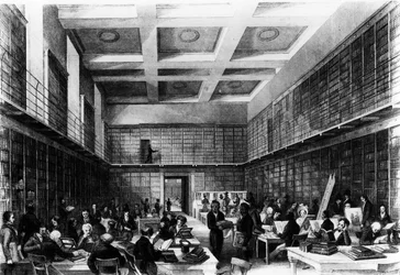 A Sexta Sala de Leitura do British Museum, publicada em &39;London Interiors&39;, 1841 (gravura)
