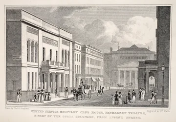 United Service Military Club House, Teatro Haymarket e parte do Opera Colonnade de Regent Street, do pub "London and its Environs in the 19th Century". Jones und Co., 1827-1829 (gravado