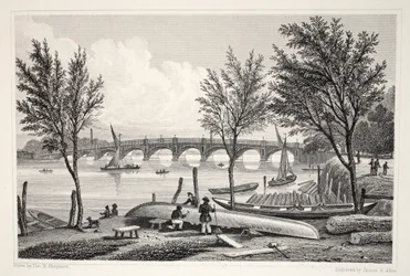 Vauxhall Bridge do Millbank, do pub "London and its Environs in the 19th Century". Jones und Co., 1827-1829