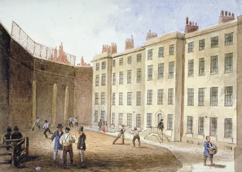 Vista da Fleet Prison do campo de ténis, City of London, 1845