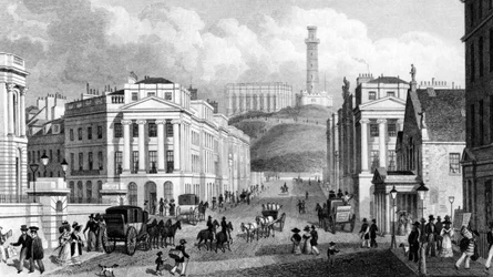 Waterloo Place, o Monumento Nacional, o Monumento a Nelson e Calton Hill, Edimburgo, gravado por Thomas Barber, 1829