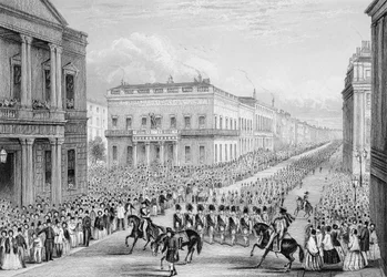 O cortejo fúnebre de Wellington passando pelo Senior United Service Club, Pall Mall Mall, Londres, 1852