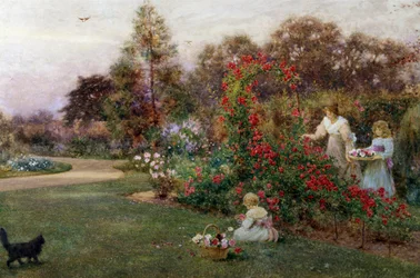 No Jardim do Artista, Yapton, Sussex. Uma mãe e os seus dois filhos colhem rosas num jardim. Pintura de Thomas James Lloyd (1849-1910 britânico) Coleção particular