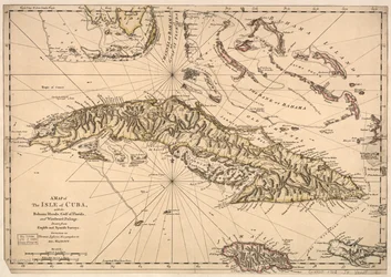 Um mapa da ilha de Cuba, com as Ilhas Bahama, o Golfo da Florida e a Passagem de Barlavento - Desenhado a partir de levantamentos ingleses e espanhóis. LOC 73697703