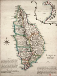 Mapa a cores da Domínica com observações geográficas pormenorizadas, c.1760 (gravura a cores)