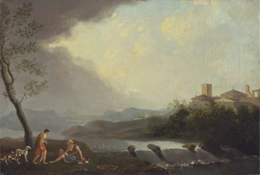 Uma Paisagem Italiana Imaginária com figuras clássicas e uma Cascata