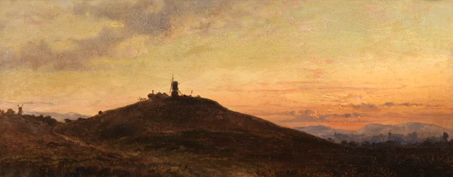 Moinho de vento ao pôr do sol (óleo a bordo)