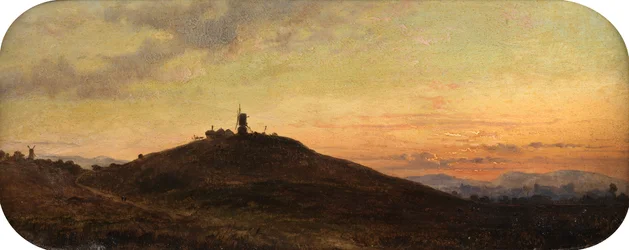 Moinho de vento ao pôr do sol (óleo a bordo)