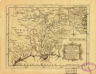 Louisiana, como anteriormente reivindicada pela França, contendo agora parte da América Britânica a leste e da América Espanhola a oeste do Mississipi. LOC 77690498
