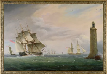 Uma fragata e uma brigada naval passando pelo farol de Eddystone