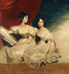 Retrato duplo das irmãs Fullerton, sentadas de corpo inteiro, com vestidos brancos, cerca de 1825