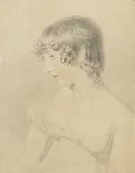 Busto retrato de Susan Bloxam, virou-se em perfil para a esquerda, 1818 (giz preto, tocou com giz vermelho e levemente perplexo no cartão branco, marrom descolorido)