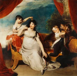Retrato de grupo da Sra. Henry Baring e dois de seus filhos e um cachorro grande, uma paisagem além, c.1817-1824
