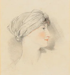 Retrato da cabeça da Sra. Jens Wolff, de perfil à direita, usando turbante (lápis, giz preto e vermelho)