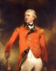 Retrato do general James Stuart, de três quartos de comprimento, vestindo um uniforme vermelho com sapos dourados,