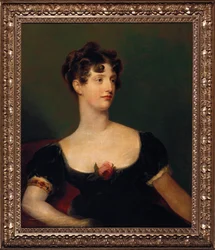Retrato de Lady Beresford, sentada, em meio-corpo num vestido preto decorado com uma rosa