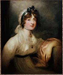 Retrato de Lady Milner Jovem senhora vestida com um vestido de primeiro império e coberta com um aperto de sangue por uma fita. Pintura de Sir Thomas Lawrence