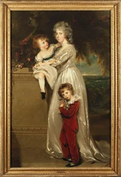 Retrato da Sra. Annesley em pé, em um vestido branco com seus dois filhos