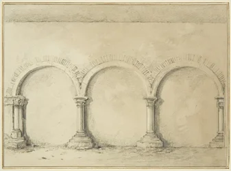 Arcos e colunas nas instalações da Mereweather entre a Rua Nicholas e a Rua Corn (lápis e aguarela sobre papel)