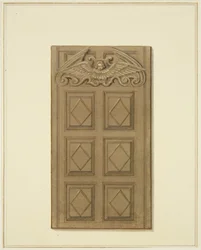 Porta à esquerda das instalações da Mereweather entre a Rua Nicholas e a Rua Corn (aguarela sobre papel)