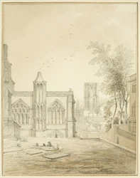 Fim leste de St Mary Redcliffe, mostrando a Igreja do Templo (lápis e aquarela sobre papel)