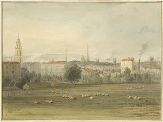 Perto de Stokes Croft com vista para o horizonte de Bristol (local da subida do balão de Sadler e Clayfield em 1810)