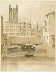 Ponte de Pedra mostrando as comportas de inundação (lápis e aquarela sobre papel)