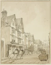 Temple Street, olhando para Norte (lápis e aquarela sobre papel)