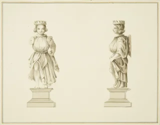 Duas vistas de uma figura de madeira esculpida na Sala da Sacristia da Igreja de São João (lápis e aguarela sobre papel)