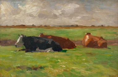 Paisagem de verão do norte da Alemanha com vacas a mentir