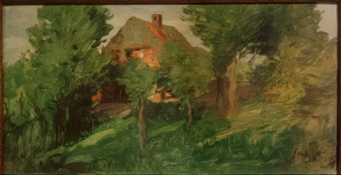 Casa vermelha atrás das árvores