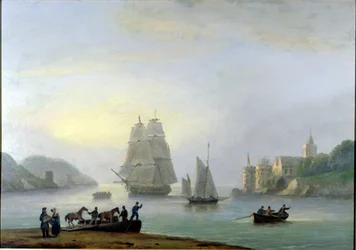 Uma brigada que entra no porto de Dartmouth, com uma balsa em primeiro plano, 1828