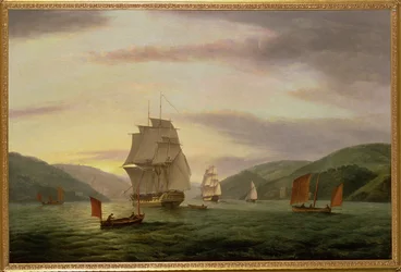 Uma fragata, um navio Lugger e comerciante no porto de Dartmouth, 1808