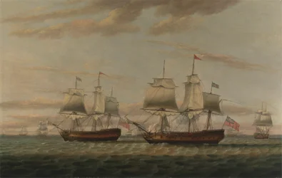 Um Indiaman e um Dois Decker Hove para, dito ser Thomas Dumar, Esq. em H.M. Ship 
