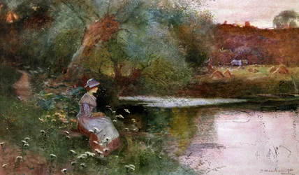 Em Hampton Lucy, Warwickshire. Uma jovem rapariga sentada junto a um lago no campo. Pintura de Thomas Mackay (1851-1920) Coleção particular