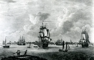 Vista de Charles Town, a capital da Carolina do Sul na América do Norte, gravada por Pierre Charles Canot