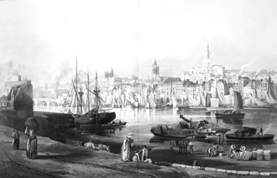Vista do porto e da cidade de Newcastle upon Tyne, a partir do Rope Walk, Gateshead, gravado por Robert Havell, 1819 (gravura)
