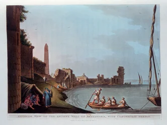 Vista exterior da antiga muralha de Alexandria, com agulha de Cleópatras, 1802.
