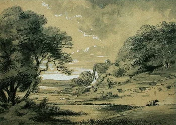 Paisagem com casa de campo à beira do rio (carvão vegetal, lavagem e corpinho sobre papel)