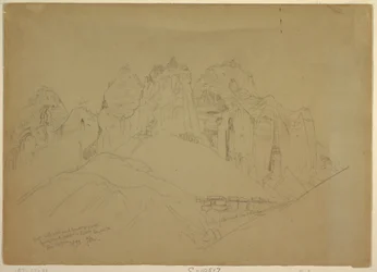 Desenho, Rio Virgin com grandes formações rochosas, 1873